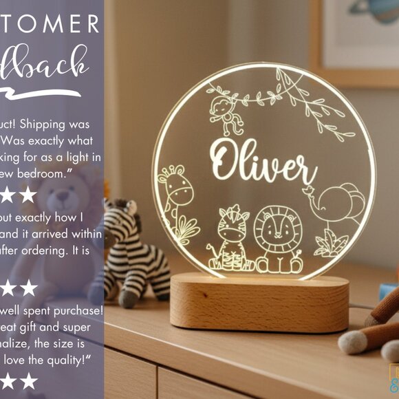 Safari Night Light – Personalized Lion, Giraffe & Monkey LED Lamp - Picture 7 of 8